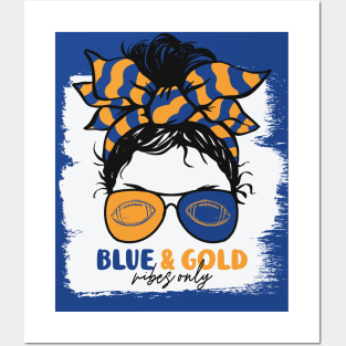 Blue and Gold Vibes Only Football Mom Messy Hair Gameday Posters and Art